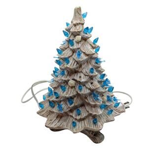 Vintage 1980s/90s DHM White and Blue Lighted Ceramic Christmas Tree w/ Base 10in